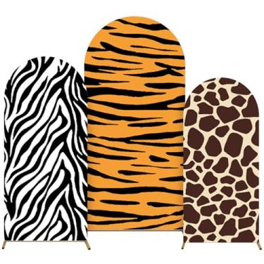 Imagem de Conjunto de 3 capas de fundo de arco de animais selvagens de 1,2 m, 1,5 m, 1,8 m, decorações de festa de aniversário de animais selvagens safári girafa zebra tigre elastano capa de fundo de tecido