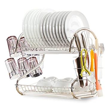 Imagem de Rack de Secagem Pratos Aço 2 Andares com Tabua Drenagem Removivel Drainer Suporte para Utensílios Copos Organizador e Armazenamento Balcão Cozinha