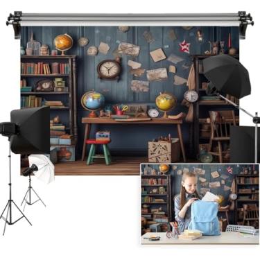 Imagem de Vie Savaran Pano de fundo para sala de estudo, 3 x 2 m, vintage, estante de livros, globo, parede de madeira, artigos de papelaria, fundo de fotografia interior, festa, aniversário, crianças, adulto