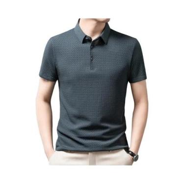 Imagem de Camisa Polo Masculina Xadrez Lisa Respirável Confortável Elástica Mang