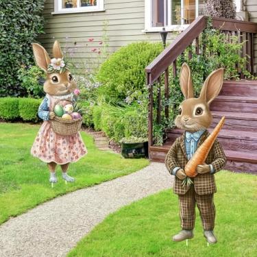 Imagem de 2 pacotes de decorações de páscoa placas de jardim ao ar livre coelhos vintage ovos de páscoa estaca de quintal para festa de fim de ano decoração de jardim primavera (rosa)