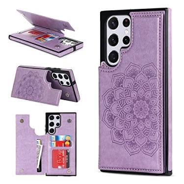 Imagem de PASNEW Capa carteira para Samsung Galaxy S23 Ultra Flower Leather,S23 Ultra com porta-cartão capa protetora flip magnética traseira para mulheres, 17,3 cm, roxa