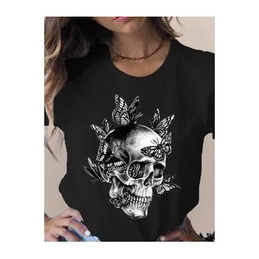 Imagem de Camiseta Feminina Diversas Estampas Caveira Flores Borboletas - Dinka,