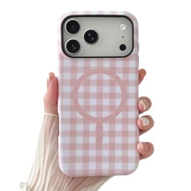 Imagem de SmoBea Capa compatível com iPhone 17 Pro, linda capa de telefone xadrez xadrez estética para mulheres, TPU macio à prova de choque e capa protetora traseira de policarbonato rígido, rosa fosco