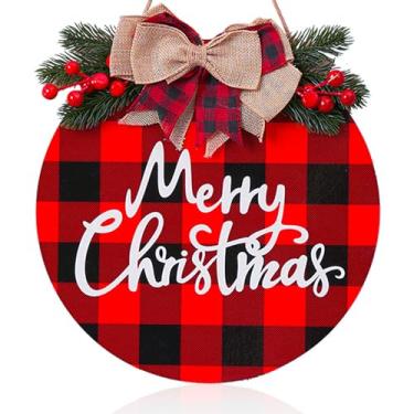 Imagem de WIOSOUL Placa de madeira de Feliz Natal Decoração de Natal Placa de pendurar Decoração de parede de Natal Guirlanda xadrez de madeira rústica Decoração de Natal Placa de madeira redonda para quintal