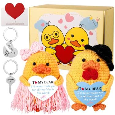 Imagem de Guiqulai 6 Pcs Positive Valentine's Day Crochet Duck Gift Set Including 2 Duck Dolls 2 Keychains 1 Greeting Card 1 Gift Box for Valentine's Day Desk Decor