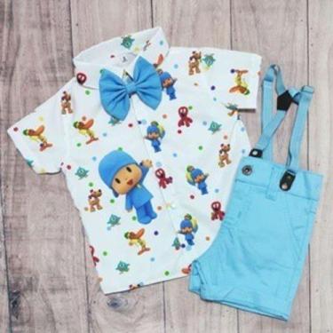 Imagem de Conjunto Menino Infantil Linha Premium Pocoyo +Bermuda Azul - EDYNHOKI
