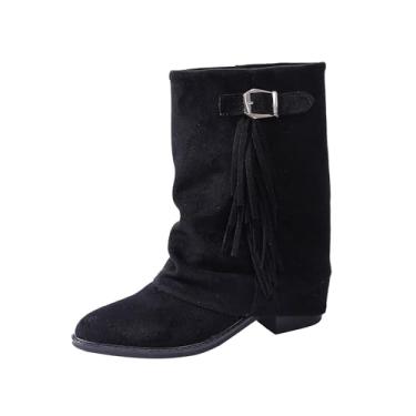 Imagem de Botas curtas femininas de inverno com borla, cor sólida, salto fino, cano médio, camurça casual, Preto, 38