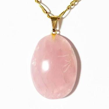Imagem de Colar Cabochão Quartzo Rosa Pedra Natural Pino Dourado - CristaisdeCur
