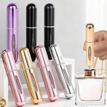 Imagem de Pacote com 6 frascos atomizadores de perfume portáteis de 5 ml, mini spray de perfume recarregável com cores brilhantes (preto, roxo, dourado, rosa, prata) para viagens