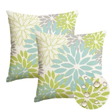Imagem de AVOIN colorlife Dahlia Flowers Aqua Capas de almofada à prova d'água para ambientes externos, 45,7 x 45,7 cm, decoração de sala de estar ao ar livre para sofá conjunto de 2