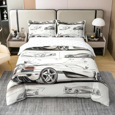 Imagem de Feelyou Jogo de capa de edredom de carro de corrida, 100% algodão, tamanho Queen, infantil, manuscrito, manuscrito, carro de corrida, para meninos, meninas, adolescentes, conjunto de cama respirável
