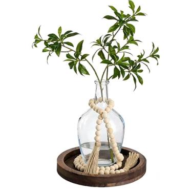 Imagem de Tiangrid 3 peças de decoração rústica de mesa rústica, vasos de vidro transparente, bandeja de madeira de nogueira, guirlanda de contas de madeira de juta branca com borlas para casamento, sala de
