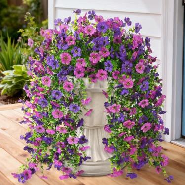 Imagem de Homsunny Flores artificiais para pendurar ao ar livre, 2 peças de flores falsas, margaridas de seda falsa com folhas de eucalipto, flores artificiais resistentes a UV para decoração de primavera, casa