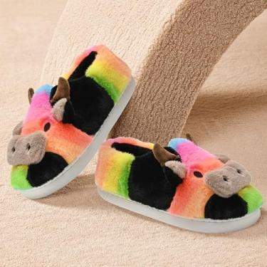 Imagem de Sapatos de algodão de vaca para meninas, meninos, crianças, felpudos, fofos, de algodão, animais, sapatos de pelúcia fofos, para meninas, sala de estar, quarto, arco-íris, Arco-íris, 18-19