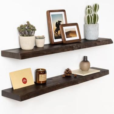 Imagem de Prateleiras flutuantes de madeira de olmo maciça, prateleiras flutuantes de madeira de 91 cm para parede, prateleiras de madeira de borda viva montadas na parede para livros, banheiro, cozinha, cor