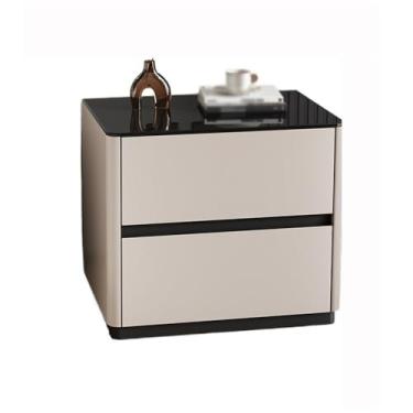 Imagem de Mesa de cabeceira de madeira para quarto doméstico cor cáqui armazenamento de cabeceira gaveta dupla armário de vidro rosto quarto (grande)