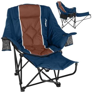 Imagem de USKAU Cadeira de acampamento com apoio para os pés removível, cadeira grande ao ar livre com encosto de cabeça e porta-copos, cadeira de gramado com capacidade de 181 kg para pesca esportiva no
