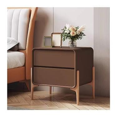 Imagem de KEG801302 Mesa de cabeceira minimalista para quarto, mesa de cabeceira pequena, armário de armazenamento de madeira com gavetas duplas, bordas arredondadas, cores puras, móveis de cabeceira (marrom