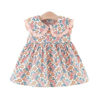 Imagem de Vestido Floral Para Meninas Pequenas, Sem Mangas, Gola Azul Marinho, V
