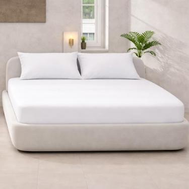 Imagem de Rajlinen Conjunto de lençóis King King para cama de água King/California, 100% microfibra, cabe em bolsos profundos de até 40,6 cm, lençol com elástico e plano, 4 peças, macio, refrescante, branco