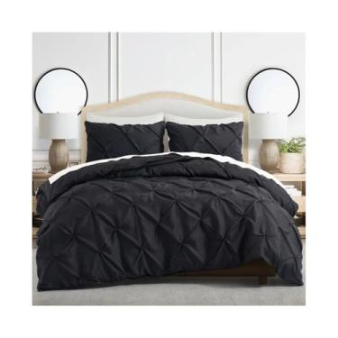 Imagem de Conjunto de 2/3 peças de capa de edredom plissado de microfibra Pintuck, capa de colcha com fronha (preto, EU SK (260 x 220 cm))