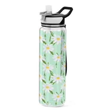Imagem de xigua White Daisies Garrafa de água com tampa de palha, garrafas de água transparentes à prova de vazamentos para esportes ao ar livre, beber fitness, treino, viagem, 940 ml