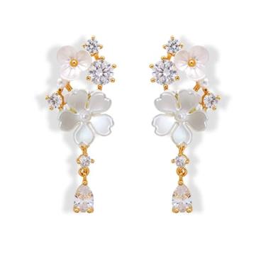 Imagem de Brincos de pingente de flor para mulheres brincos de cristal brilhante floral declaração brinco zircônia cúbica flor borla brincos na moda charme joias de casamento presente, Cute, Acrílico, Zircônia