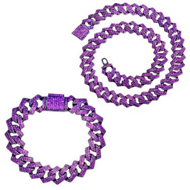 Imagem de OWNCOOL 2 peças de corrente de elos cubanos roxos gelados Miami Cubano Pulseira Roxo Bling Diamond Hip Hop Joias para homens e mulheres, 8" Bracelet and 16" Necklace, Metal, Zircônia cúbica