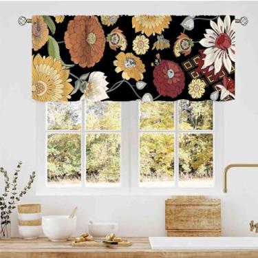 Imagem de Cortinas de cozinha floral boho, flores negras, folhas tropicais, vintage, mandala, indiano, mola, bolso para varão, pequeno, para café, quarto, sala de estar, armário de banheiro, 137 x 45 cm
