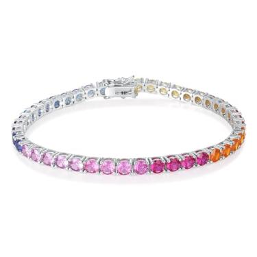 Imagem de GEMSME Pulseira feminina de tênis de 4,0 mm - pulseira de zircônia cúbica arco-íris, banhado a ouro branco 14 quilates, corte redondo, colorido, zircônia cúbica para presente de joias, 7.5 inch