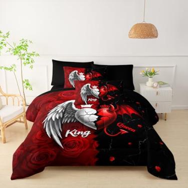 Imagem de QOOMO Conjunto de 7 peças para decoração de quarto infantil com desenho animado de coração, rosa vermelha, tamanho king com 1 edredom, 2 fronhas, 2 fronhas pretas, 1 lençol com elástico, 1 lençol de