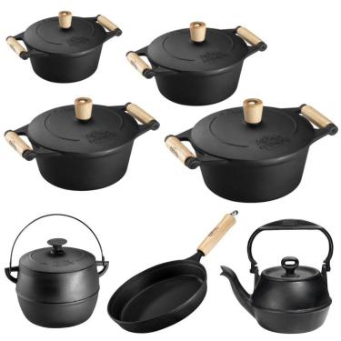 Imagem de Jogo De Panelas 7 Peças Em Ferro Fundido E Alça De Madeira Panela Mineira