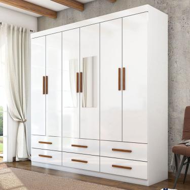 Imagem de Guarda-Roupa Solteiro Aria 6 Portas 6 Gavetas com Espelho Branco - Pnr Móveis