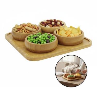 Imagem de Conjunto 4 Petisqueiras Com Bandeja Bambu Molhos Aperitivos - Kadê