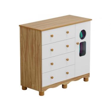 Imagem de Cômoda de Bebê 4 Gavetas Móveis Peroba Ninho, Branco e Amêndoa