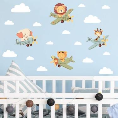 Imagem de Adesivo de Parede Infantil Animais Aviadores e Nuvens - Qdrop