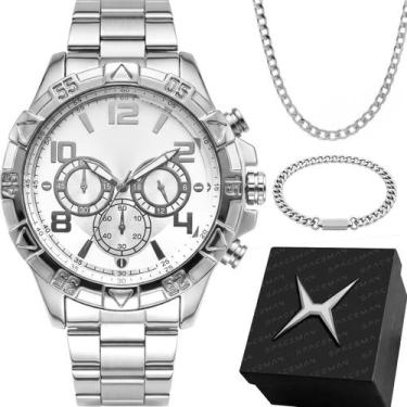 Imagem de Relogio Prata Masculino Aco Inox + Pulseira presente inoxidavel robust