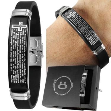 Imagem de pulseira masculina placa aço inox preta pai nosso caixa social qualida