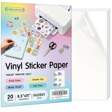 Imagem de THEBLUETOUCH Papel adesivo de vinil transparente imprimível para impressora a jato de tinta - 20 folhas de papel adesivo transparente de 20 folhas para adesivos personalizados, etiquetas, decalques.
