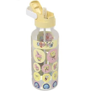 Imagem de Garrafa Infantil com Canudo em Silicone Adesivo Bob Esponja 600ml Plas