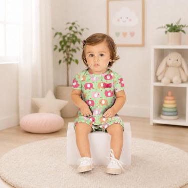 Imagem de Macaquinho Bebê Menina Kyly em Algodão Estampa Elefantes, P, Verde