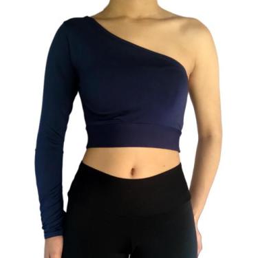 Imagem de Cropped Feminino Um Ombro Só Manga Longa Barra Liso Suplex PP ao Plus 