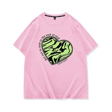 Imagem de FCSHFC Masculina Algodão Camiseta Impressão Manga Curta Femininas Básica Solta Com Solto Clássico Fitness Moda Top (Color : Pink, Size : XL)