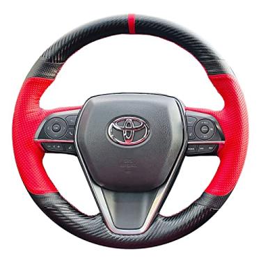 Imagem de Capa para volante de costura manual couro perfurado vermelho/preto fosco fibra de carbono acessórios de proteção interior para Toyota Rav4 2019-2022/Camry 2018-2022/Corolla 2020-2022/Avalon 2019-2022
