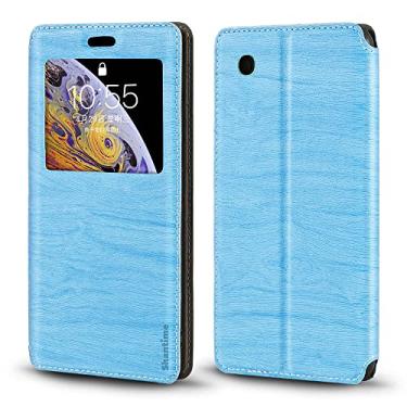 Imagem de Capa curva para BlackBerry 8520, capa de couro de grão de madeira com porta-cartão e janela, capa magnética para BlackBerry Gemini (6,2 cm) azul celeste