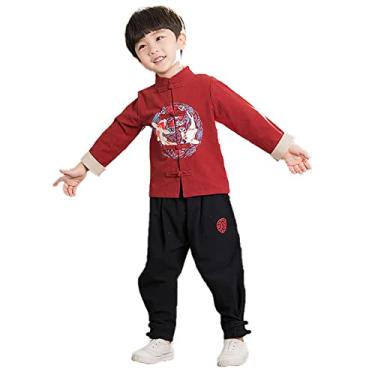 Imagem de Yajun Conjunto de 2 peças Tang Suit Hanfu top + calça roupas tradicionais chinesas para 3-14 Ye Kung Fu uniforme algodão cosplay roupa de palco, vermelho, 140 cm