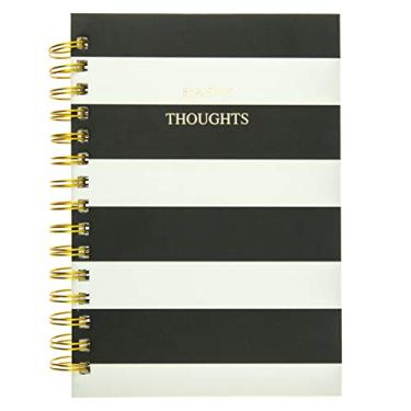 Imagem de Graphique Agenda de capa dura com pingente clássico com listras pretas e brancas elegantes e "Happy Thoughts" em folha dourada enfeitada em toda a capa, 160 páginas pautadas, 16 x 21 x 2,5 cm