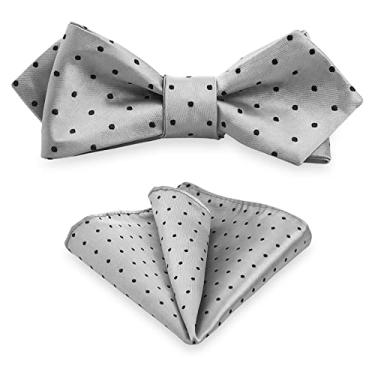 Imagem de Houndstooth Gravata borboleta com bolso quadrado, gravata borboleta masculina com lenço para smoking formal ou festa de casamento M-S-SB2, Cinza/prata com bolinhas pretas, tamanho �nico