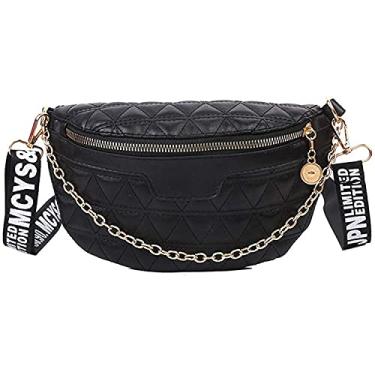 Imagem de Bolsa feminina de couro acolchoado, bolsa de cinto, bolsa de peito, bolsa tiracolo bolsa de ombro com corrente, Preto, 20 x 2 x 14 CM/7.87 x 0.78 x 5.5 inch